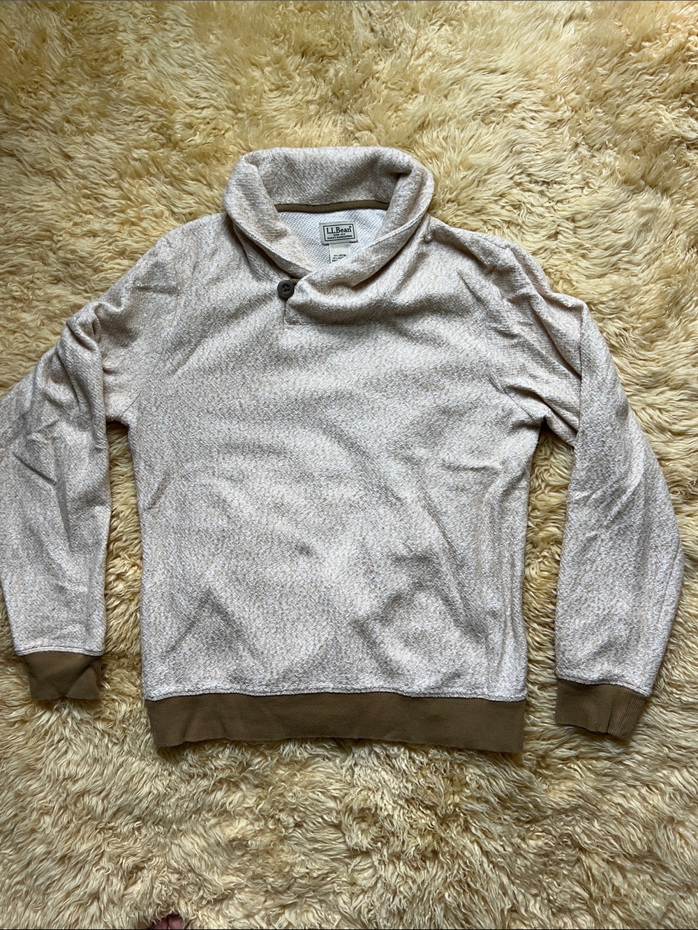 Vintage L.L. Bean Cream Shawl-Collar Pullover with Brown Trim